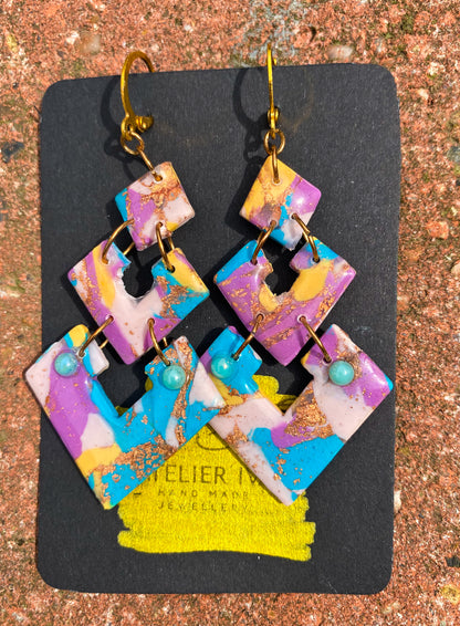 Pastel Marble & Gold Foil Triple Diamond Drop Earrings - J & I Vision