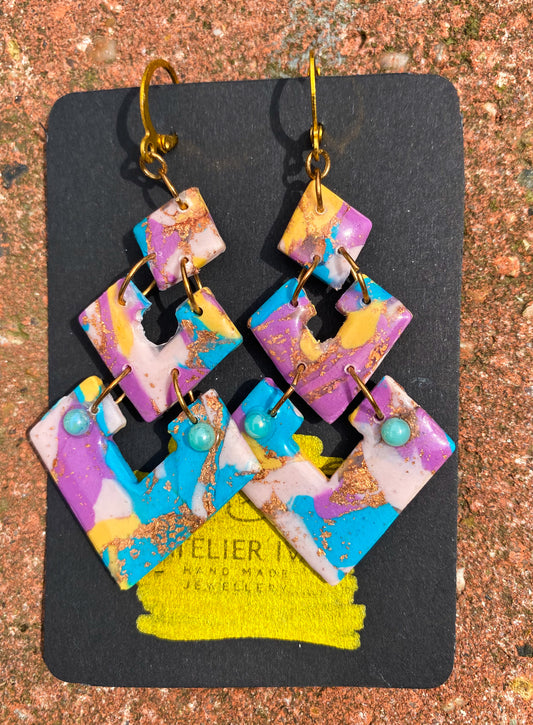 Pastel Marble & Gold Foil Triple Diamond Drop Earrings