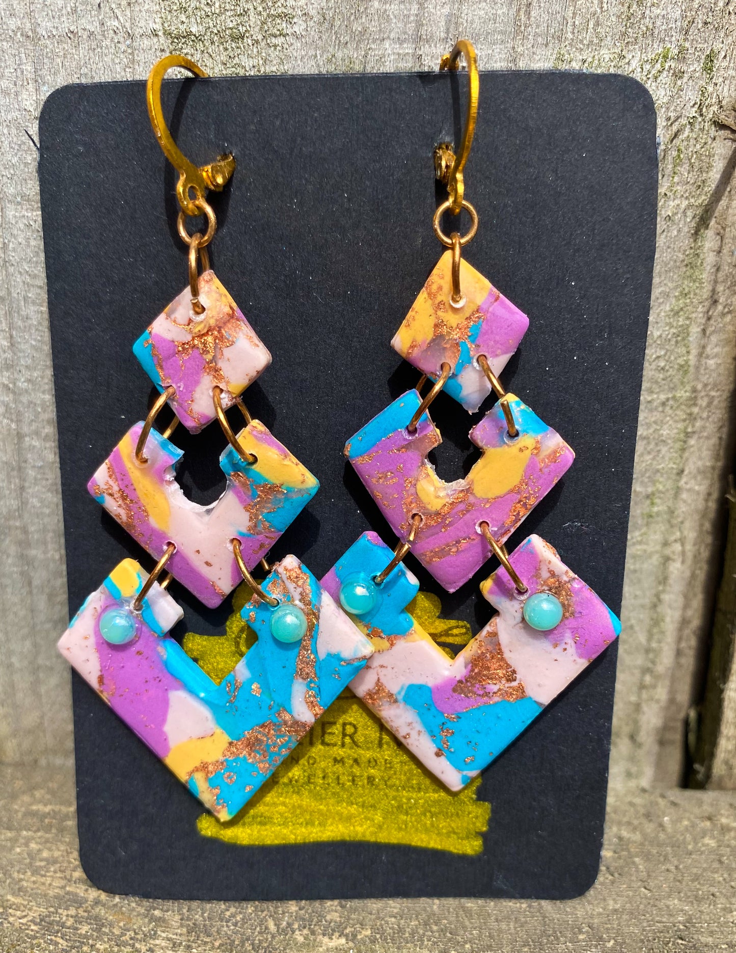 Pastel Marble & Gold Foil Triple Diamond Drop Earrings