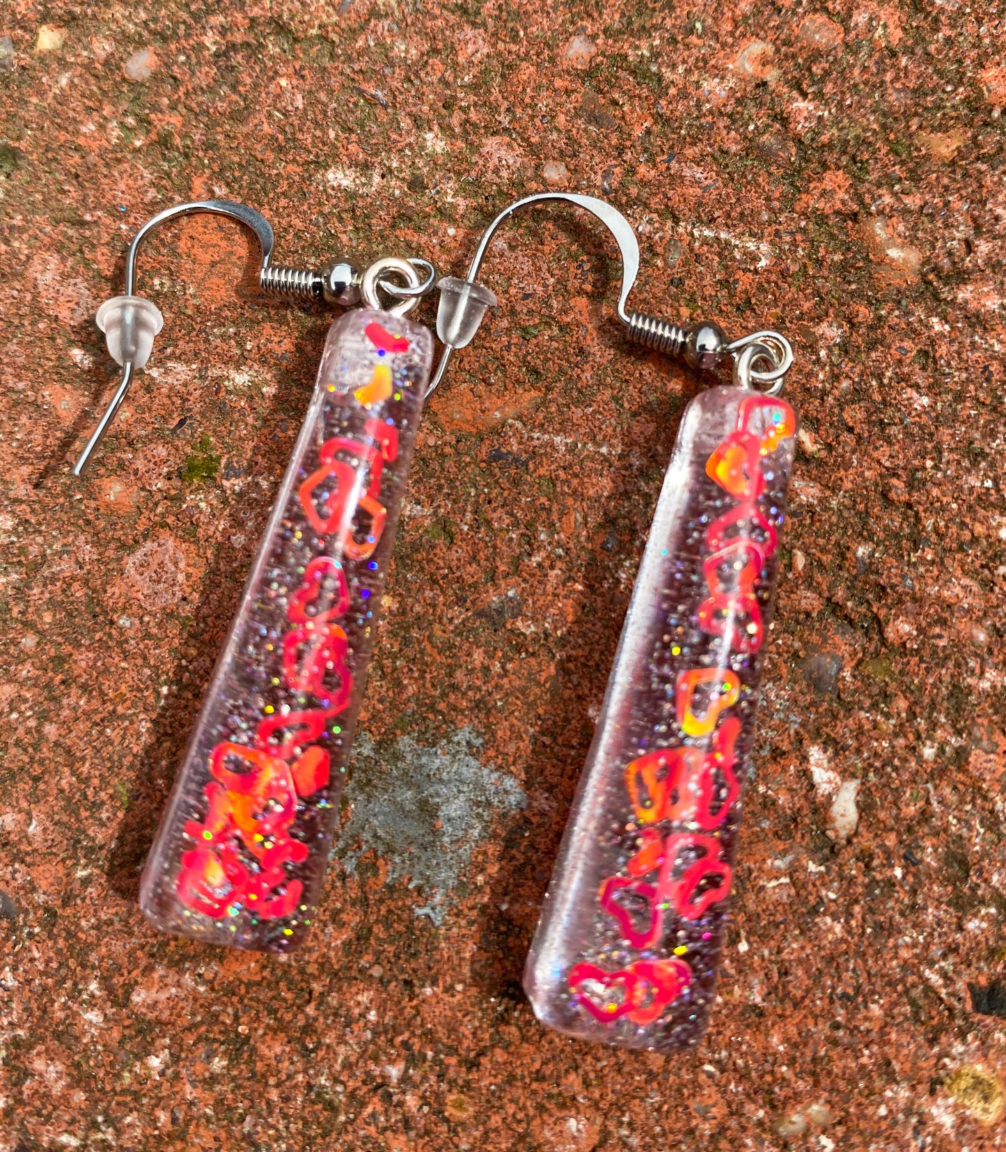Neon Heart Glitter Rectangle Bar Drop Earrings – Handmade Resin