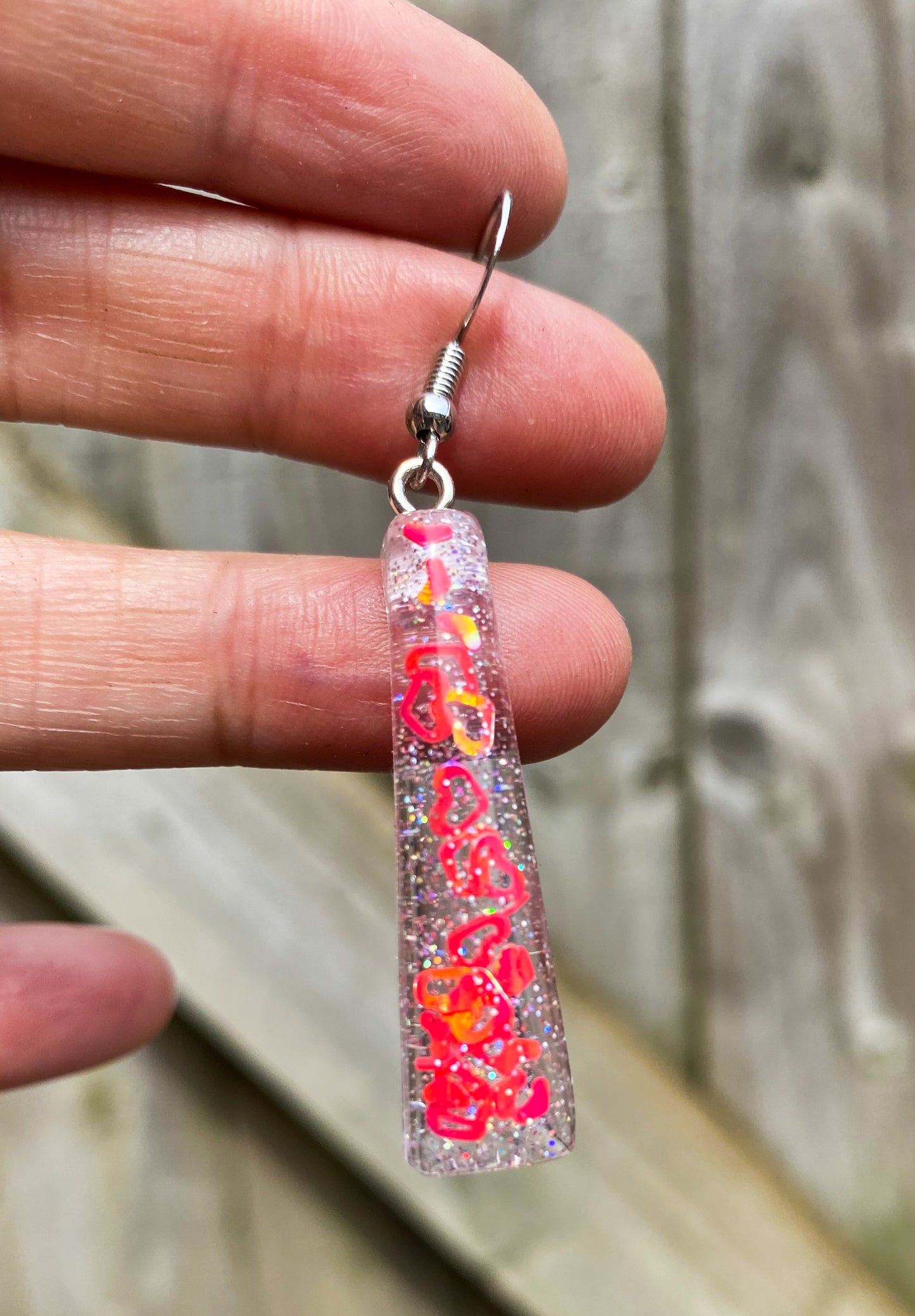 Neon Heart Glitter Rectangle Bar Drop Earrings – Handmade Resin
