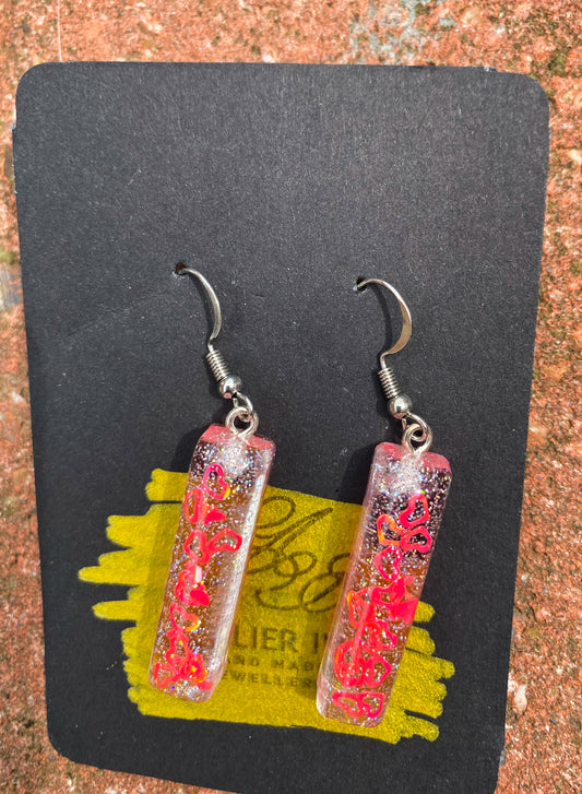 Pink Heart & Gold Foil Glitter Rectangle Bar Drop Earrings