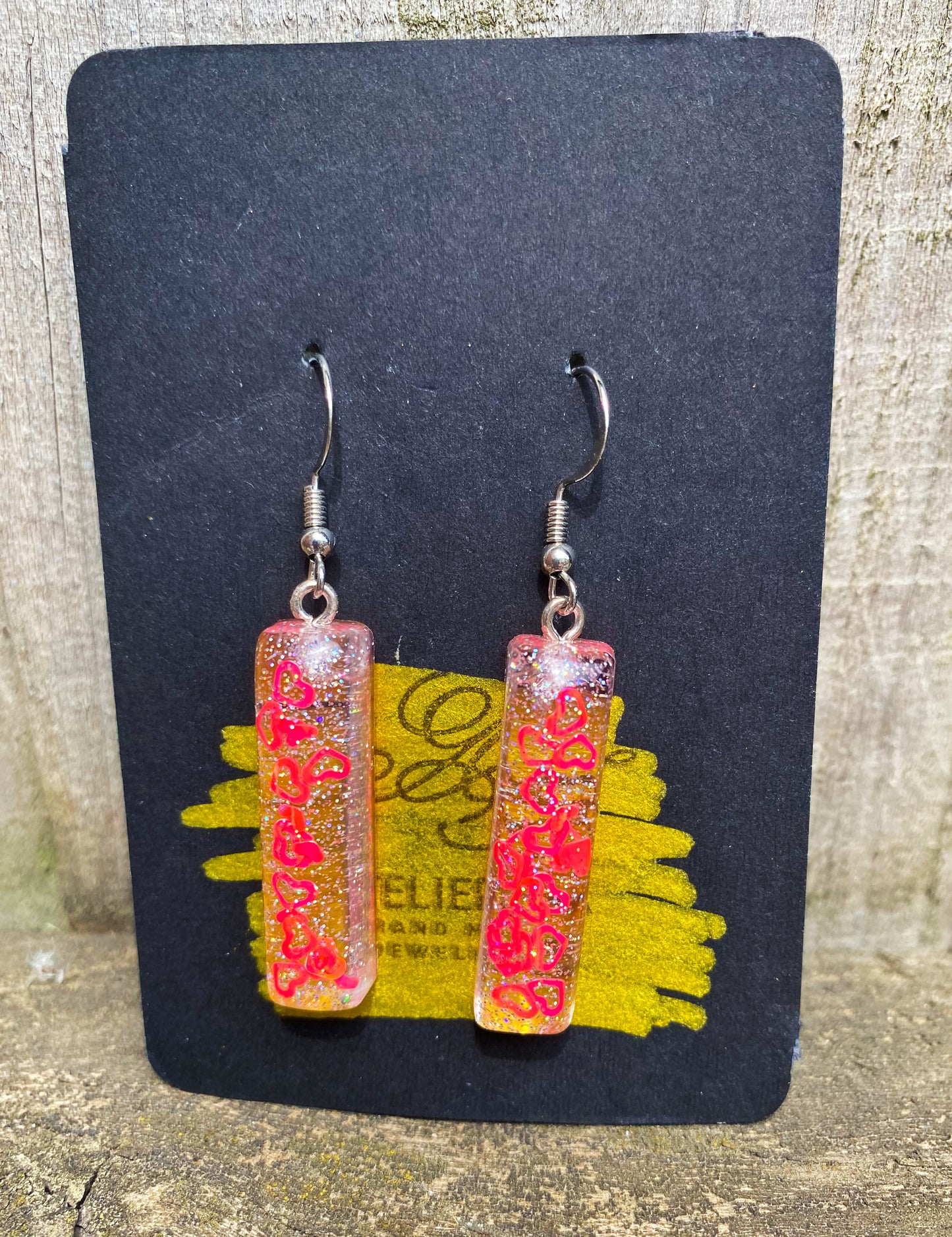 Pink Heart & Gold Foil Glitter Rectangle Bar Drop Earrings