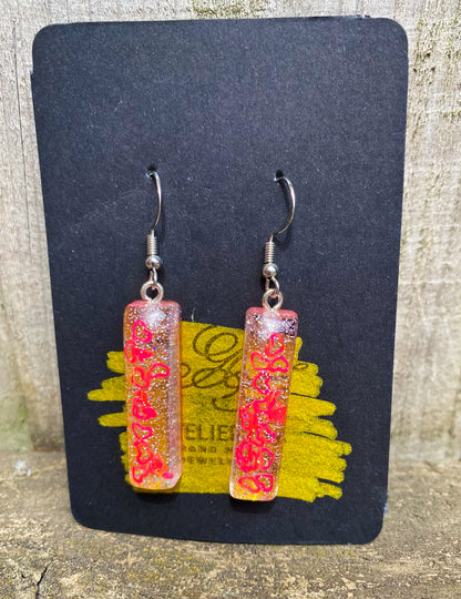Pink Heart & Gold Foil Glitter Rectangle Bar Drop Earrings - J & I Vision