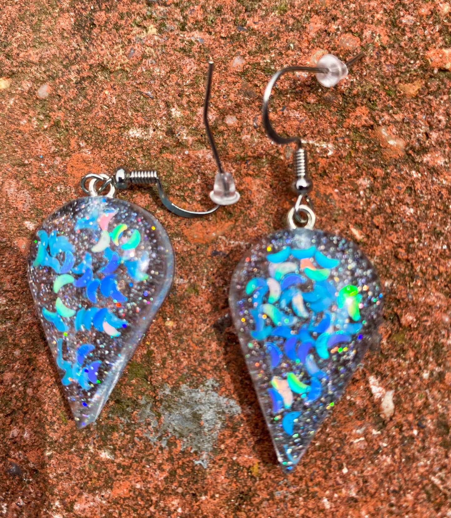 Iridescent Moon Glitter Teardrop Drop Earrings – Handmade Resin