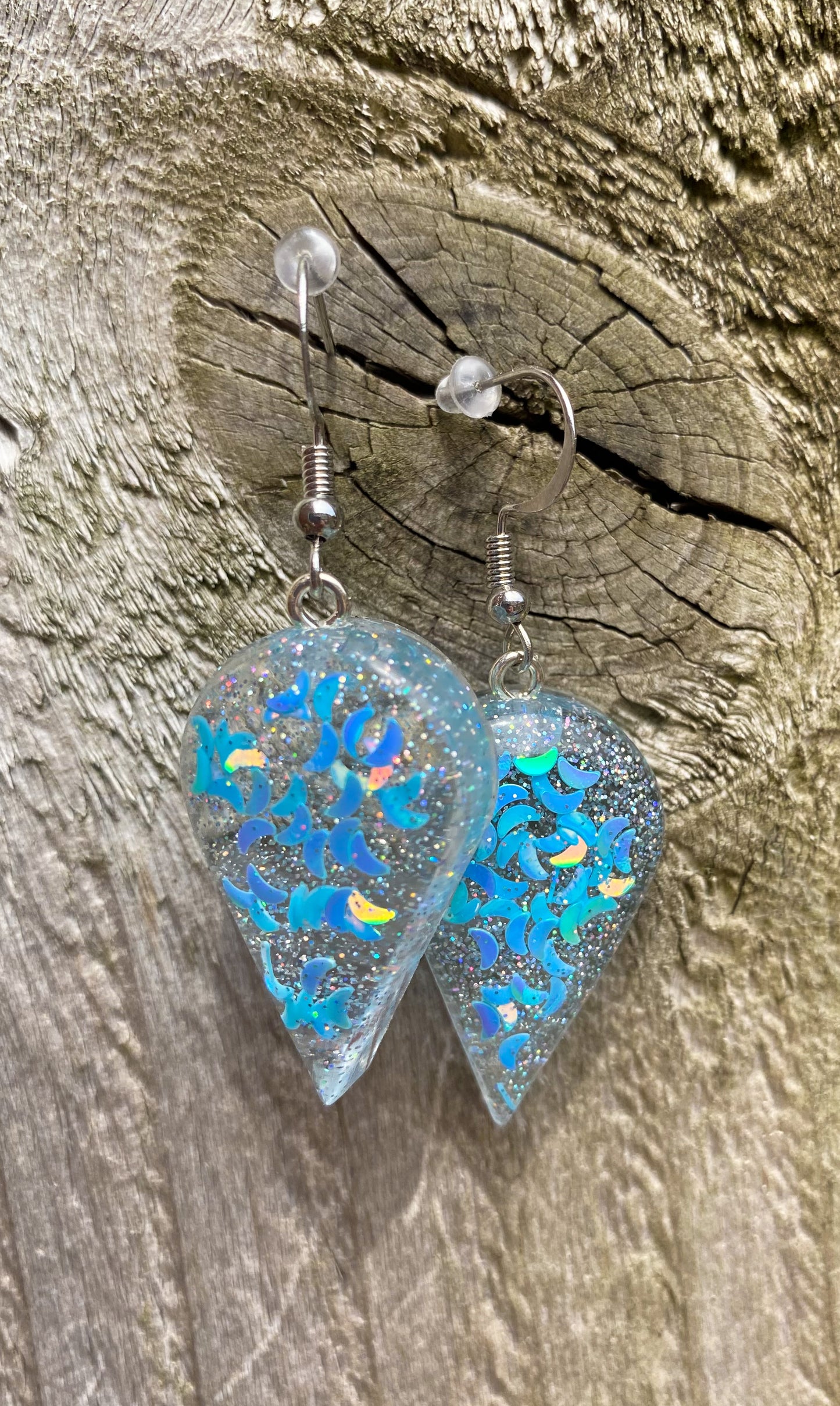 Iridescent Moon Glitter Teardrop Drop Earrings – Handmade Resin