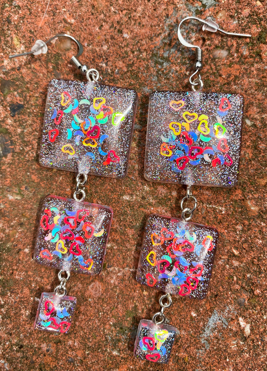 Rainbow Heart Confetti Triple Square Drop Earrings