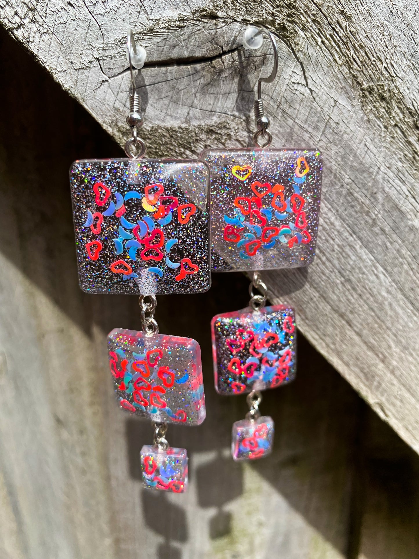 Rainbow Heart Confetti Triple Square Drop Earrings