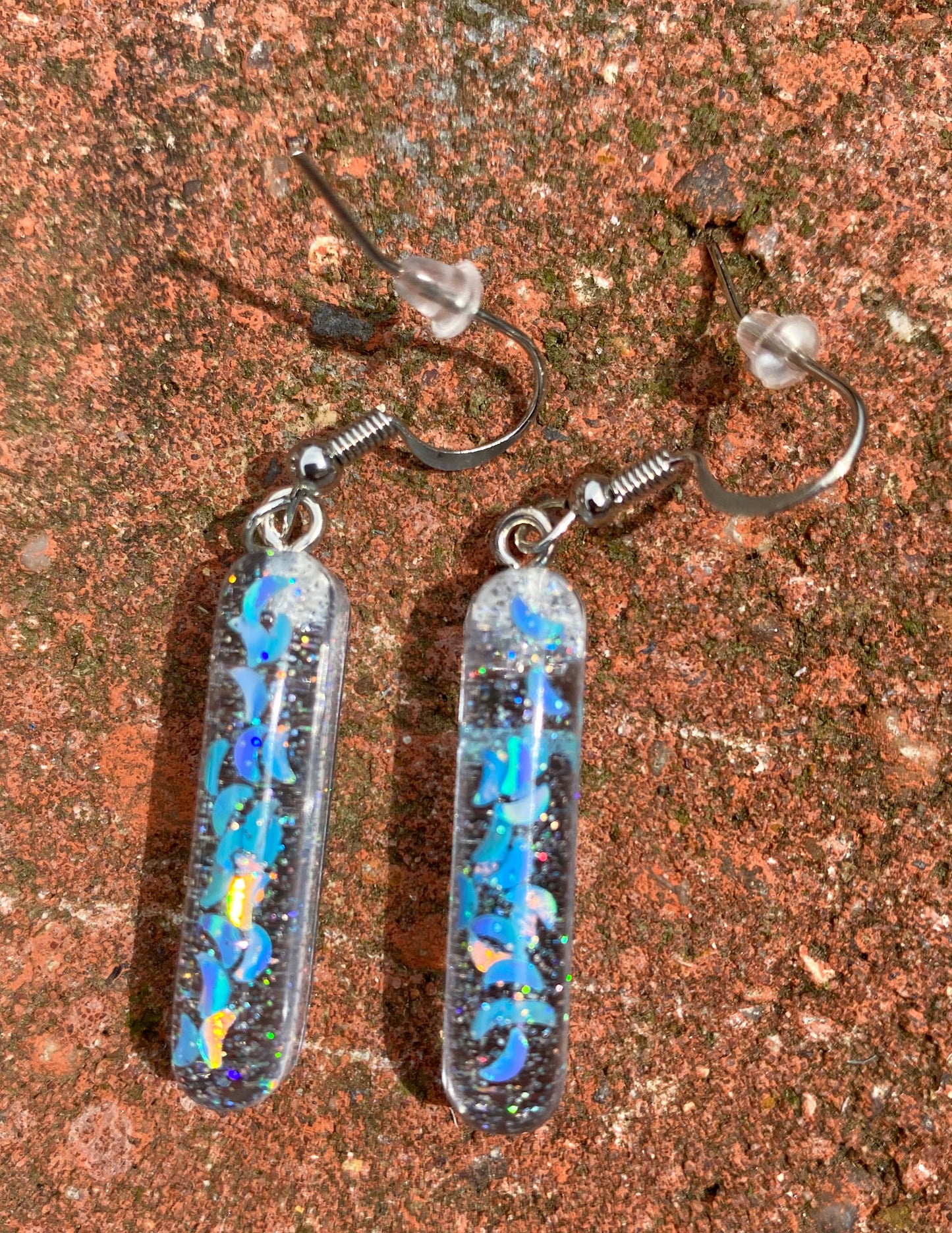 Iridescent Blue Moon Confetti Rectangle Bar Drop Earrings