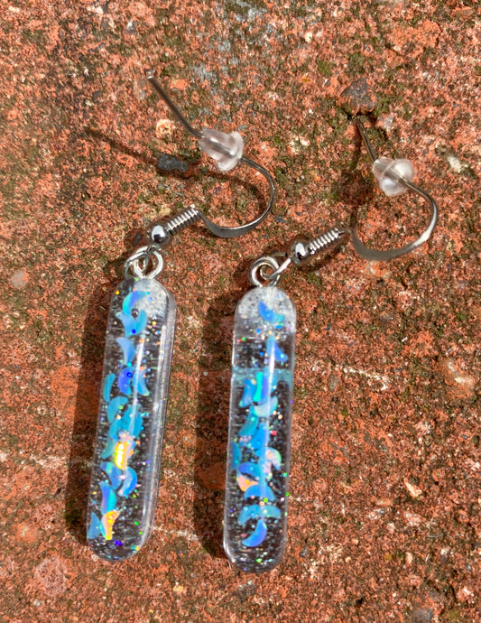 Iridescent Blue Moon Confetti Rectangle Bar Drop Earrings