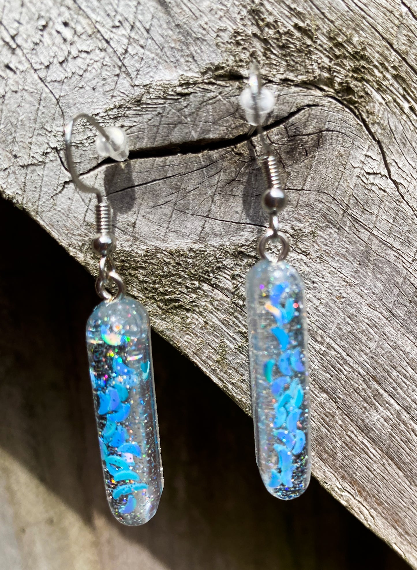 Iridescent Blue Moon Confetti Rectangle Bar Drop Earrings