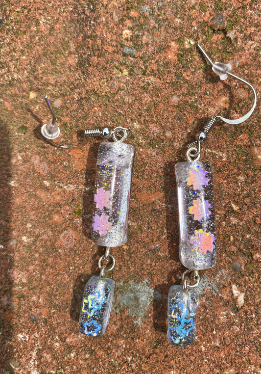 Lilac Flower & Blue Star Double Bar Drop Earrings
