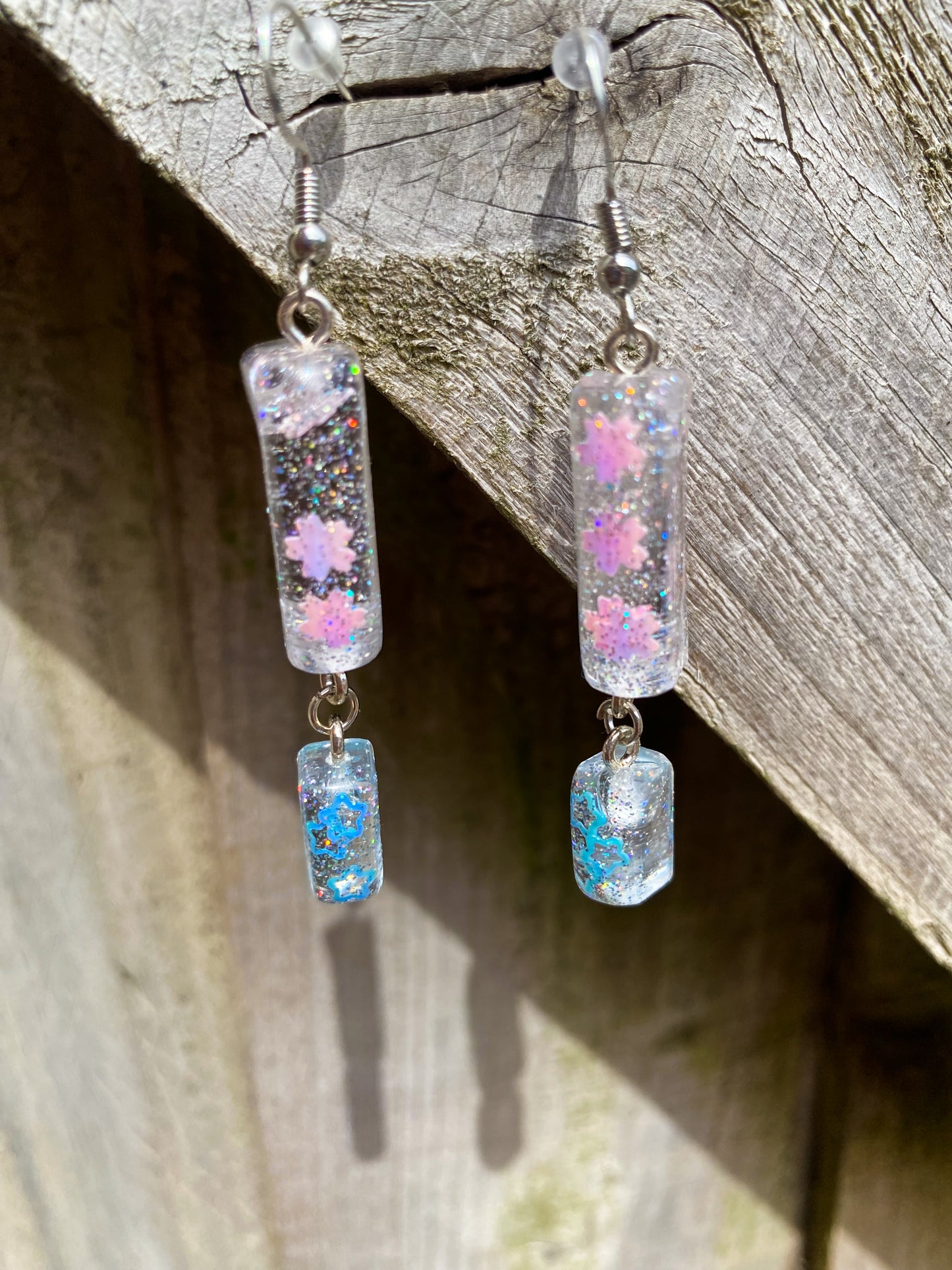 Lilac Flower & Blue Star Double Bar Drop Earrings