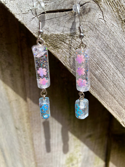 Lilac Flower & Blue Star Double Bar Drop Earrings - J & I Vision