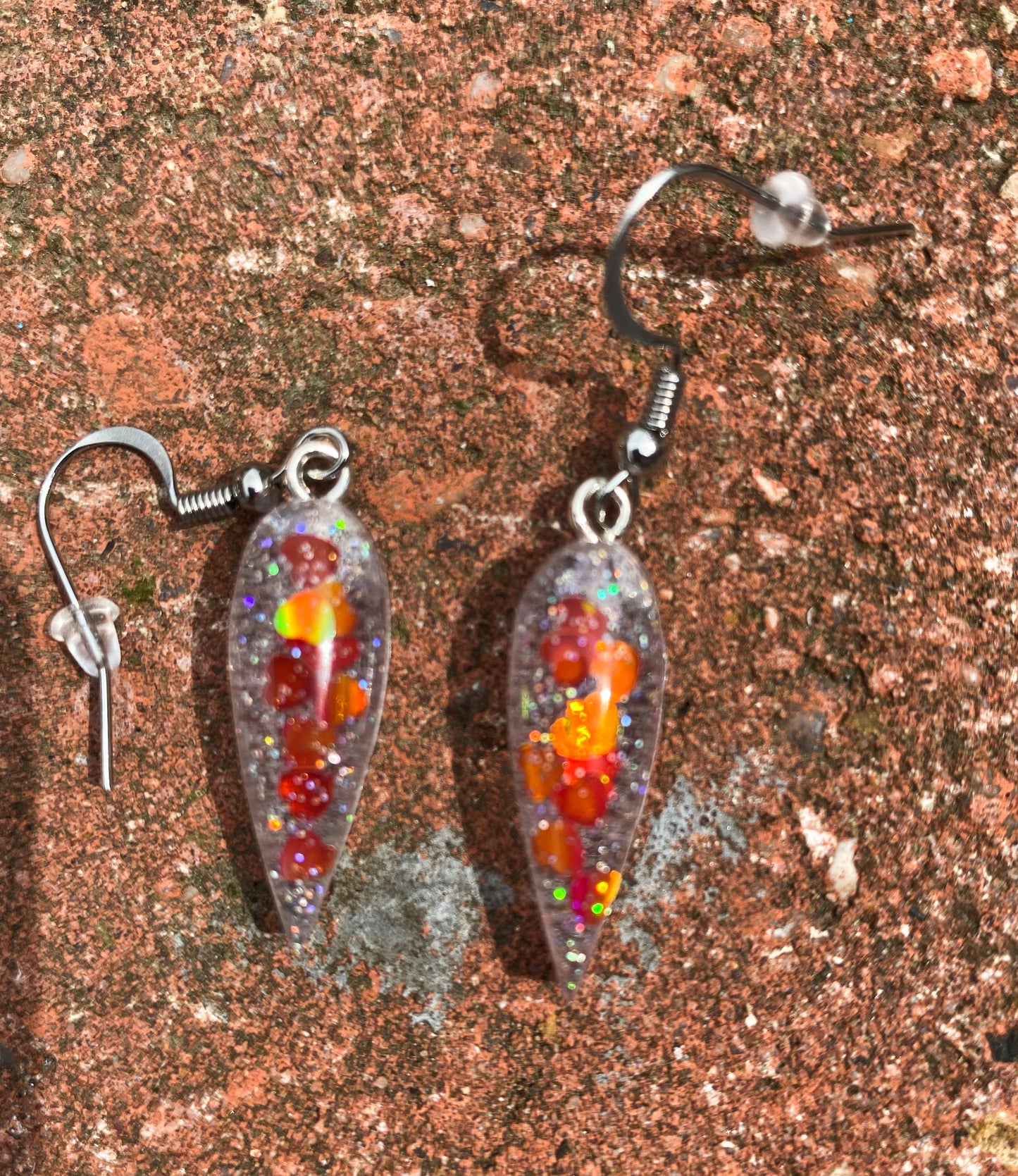 Fiery Heart Confetti Curved Spike Drop Earrings – Handmade Resin