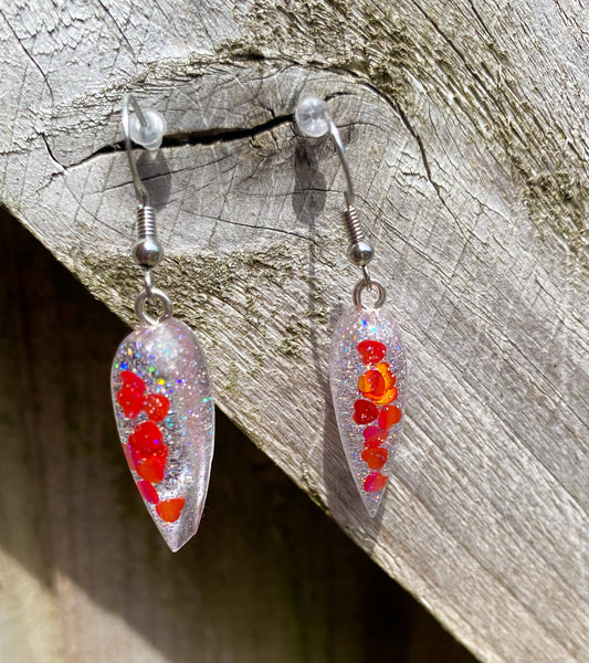 Fiery Heart Confetti Curved Spike Drop Earrings – Handmade Resin