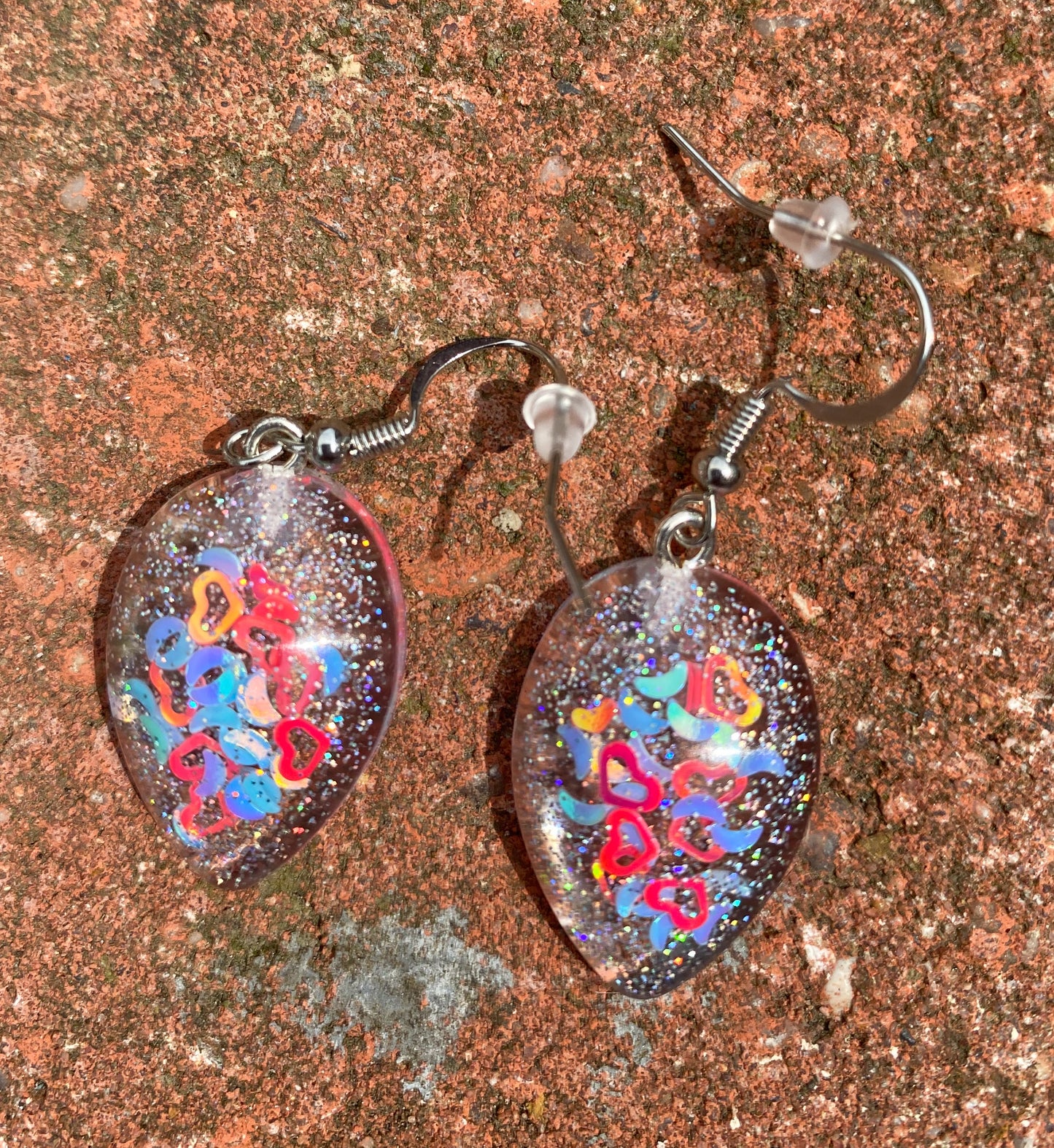 Heart & Moon Confetti Oval Teardrop Drop Earrings Resin