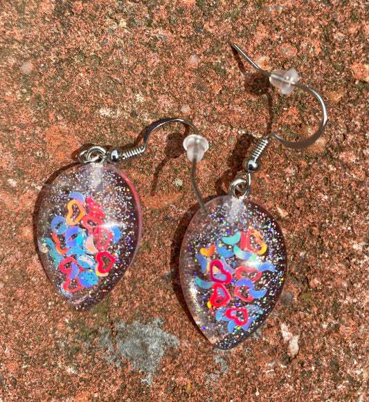 Heart & Moon Confetti Oval Teardrop Drop Earrings Resin