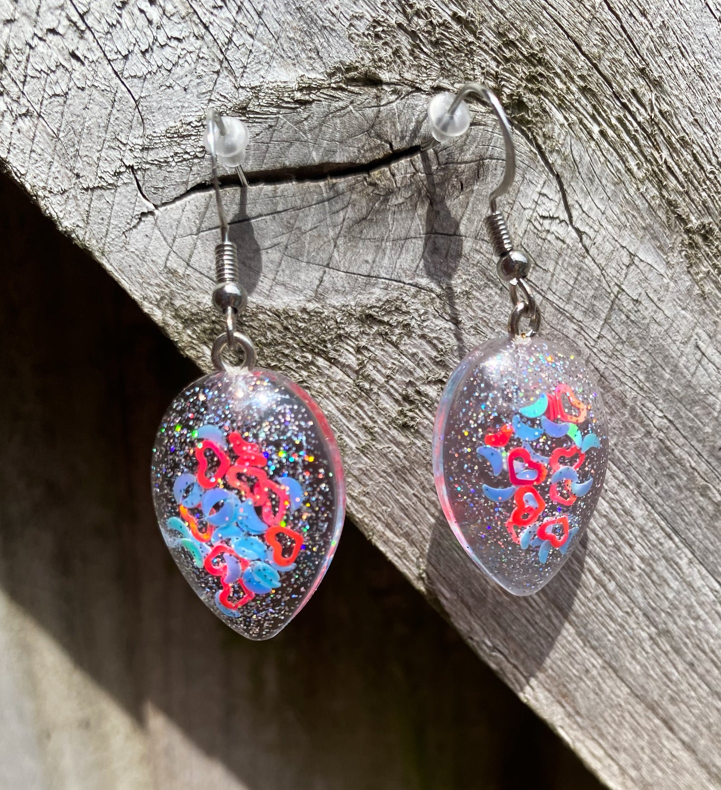 Heart & Moon Confetti Oval Teardrop Drop Earrings Resin