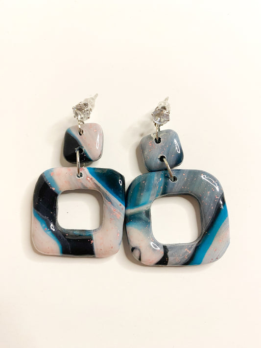 Marble Swirl Square Drop Sparkle Stud Earrings – Handmade Polymer Clay