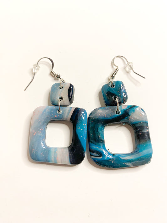 Marble Swirl Square Drop Stud Earrings – Handmade Polymer Clay
