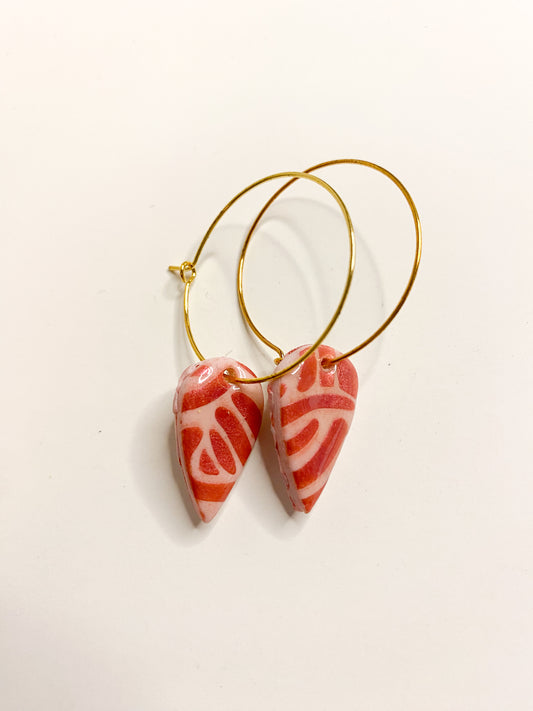 Red & Pink Swirl Heart Hoop Earrings – Handmade Polymer Clay
