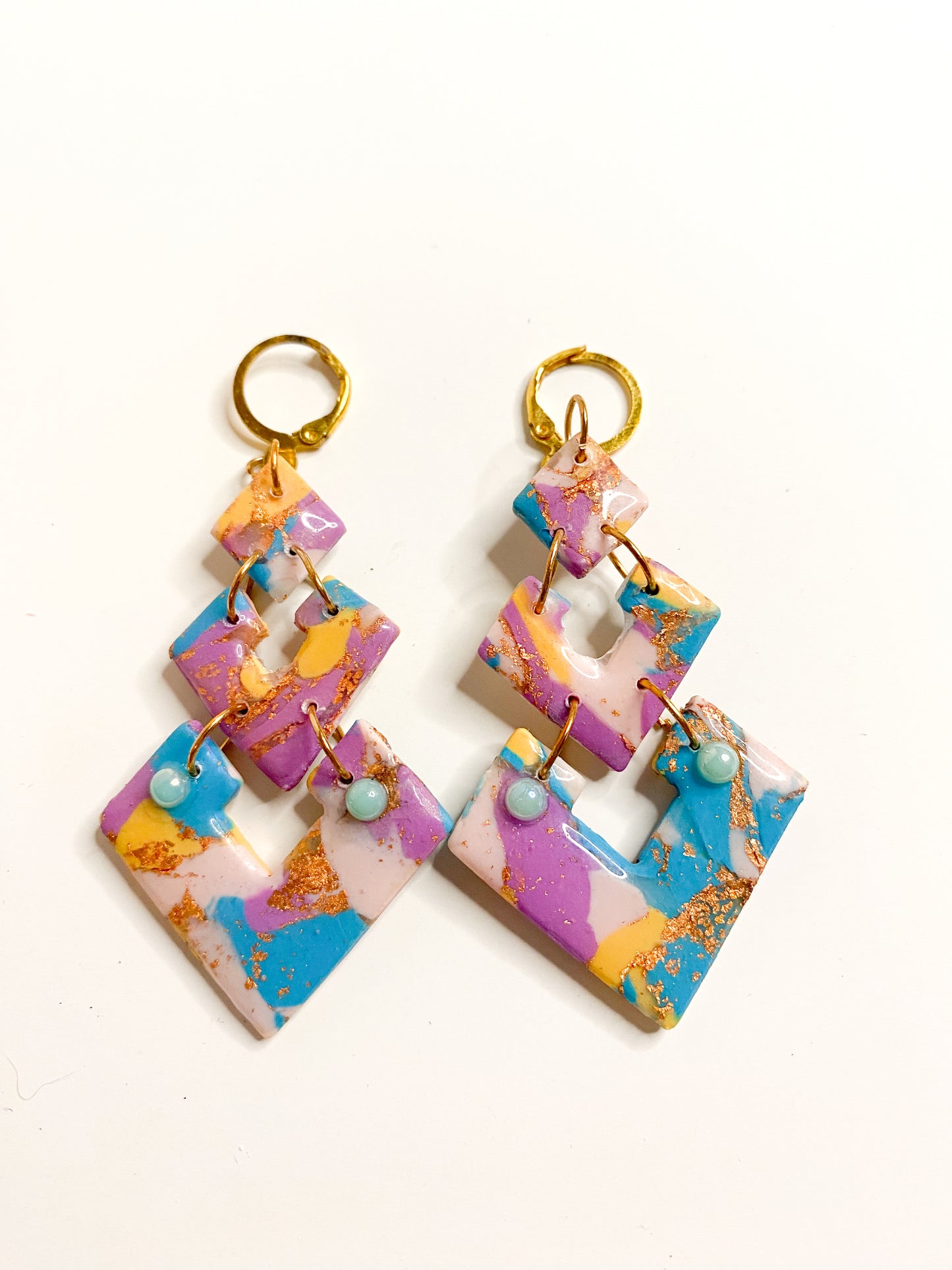 Pastel Marble & Gold Foil Triple Diamond Drop Earrings