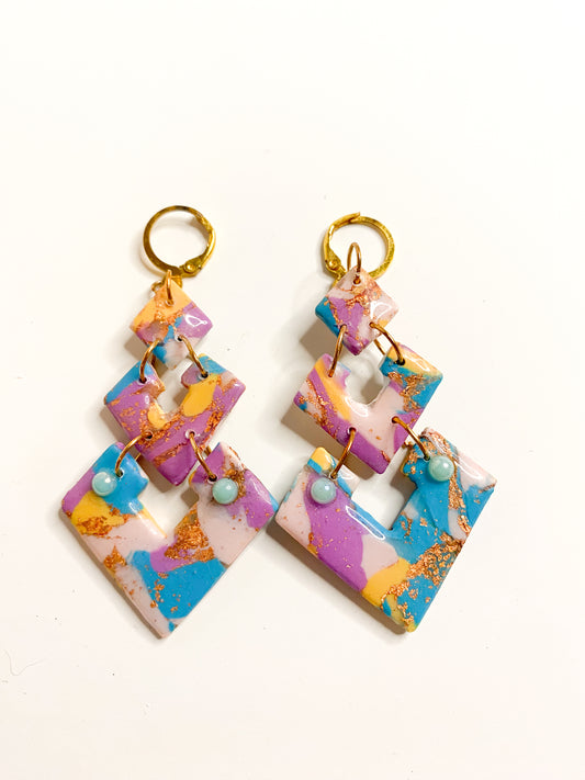 Pastel Marble & Gold Foil Triple Diamond Drop Earrings