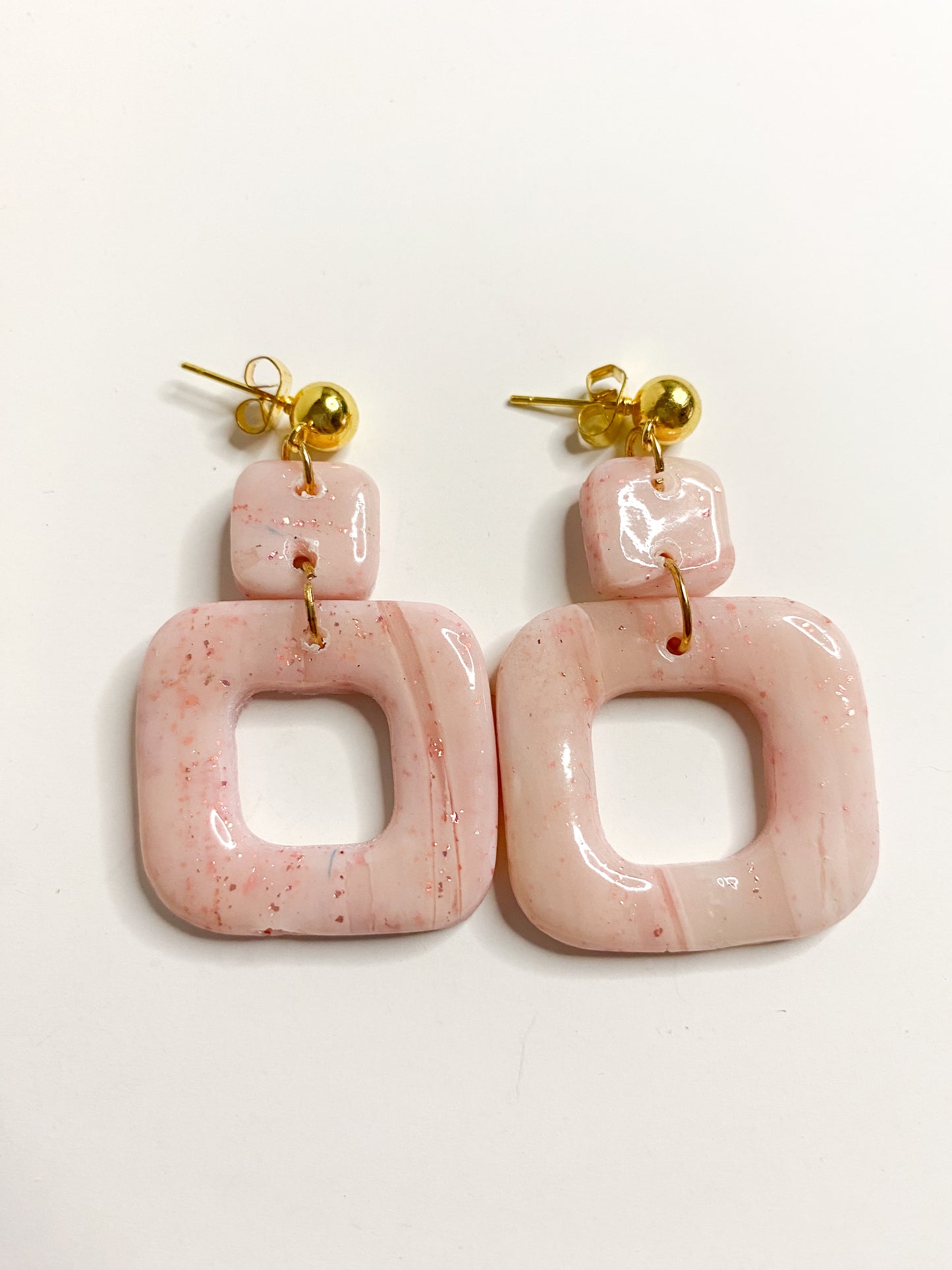 Blush Pink Marble Square Drop Stud Earrings