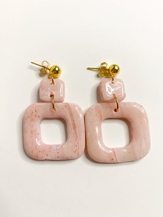 Blush Pink Marble Square Drop Stud Earrings
