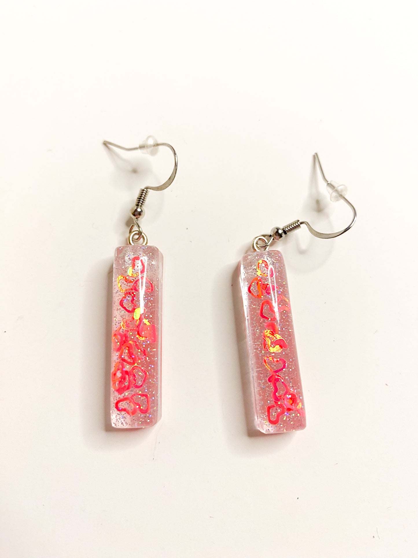 Pink Heart & Gold Foil Glitter Rectangle Bar Drop Earrings