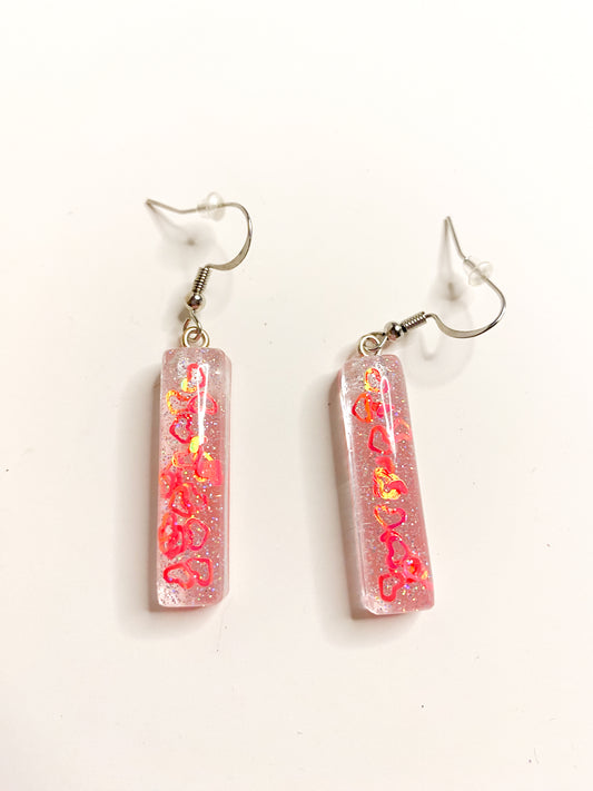 Pink Heart & Gold Foil Glitter Rectangle Bar Drop Earrings