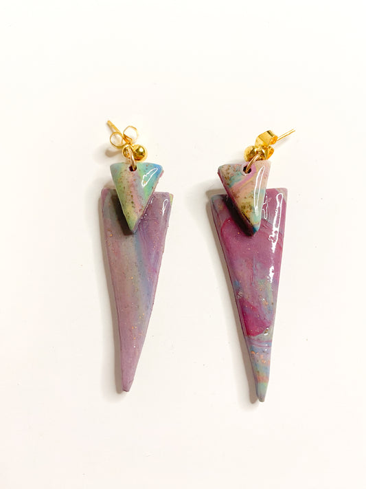 Lilac & Pink Marble Double Triangle Spike Stud Earrings