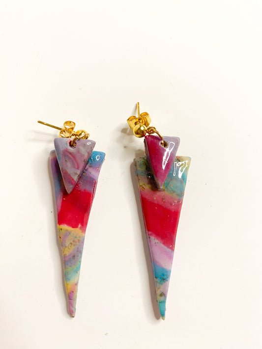 Rainbow Marble Double Triangle Spike Stud Earrings – Handmade Polymer Clay