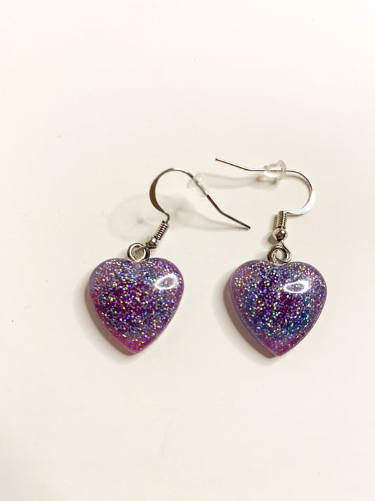 Purple Holographic Glitter Heart Drop Earrings – Handmade Resin