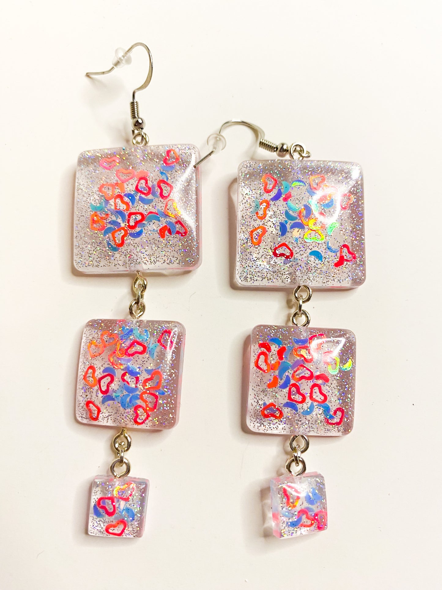 Rainbow Heart Confetti Triple Square Drop Earrings