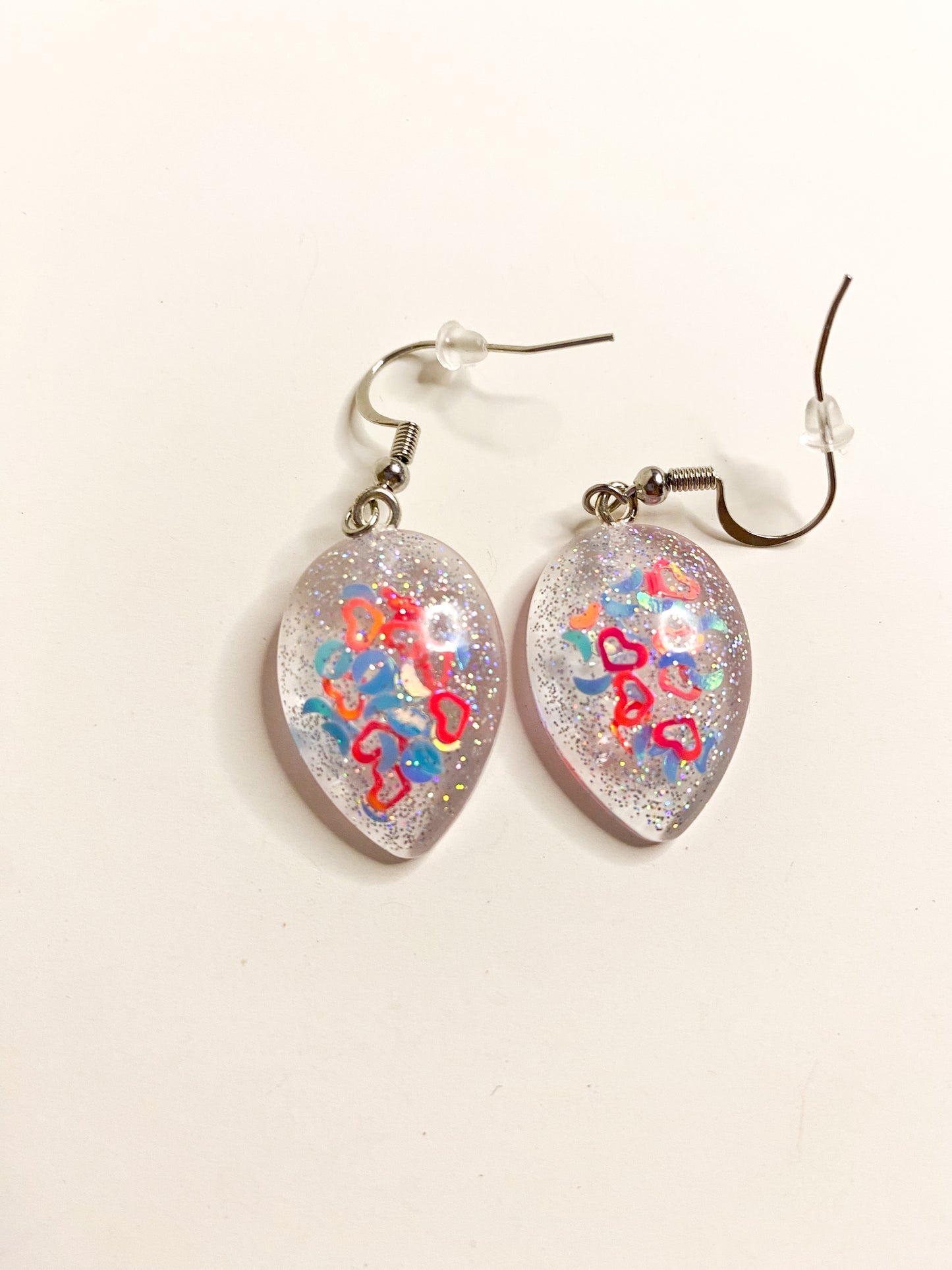 Heart & Moon Confetti Oval Teardrop Drop Earrings Resin