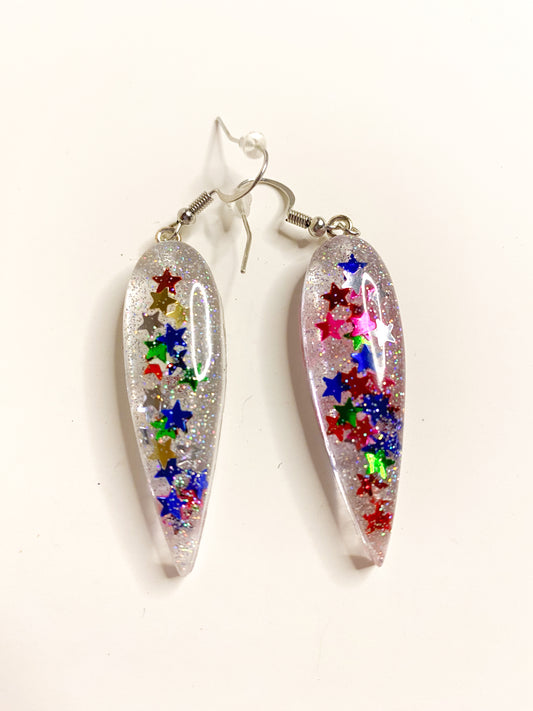 Multicolour Star Confetti Long Teardrop Drop Earrings