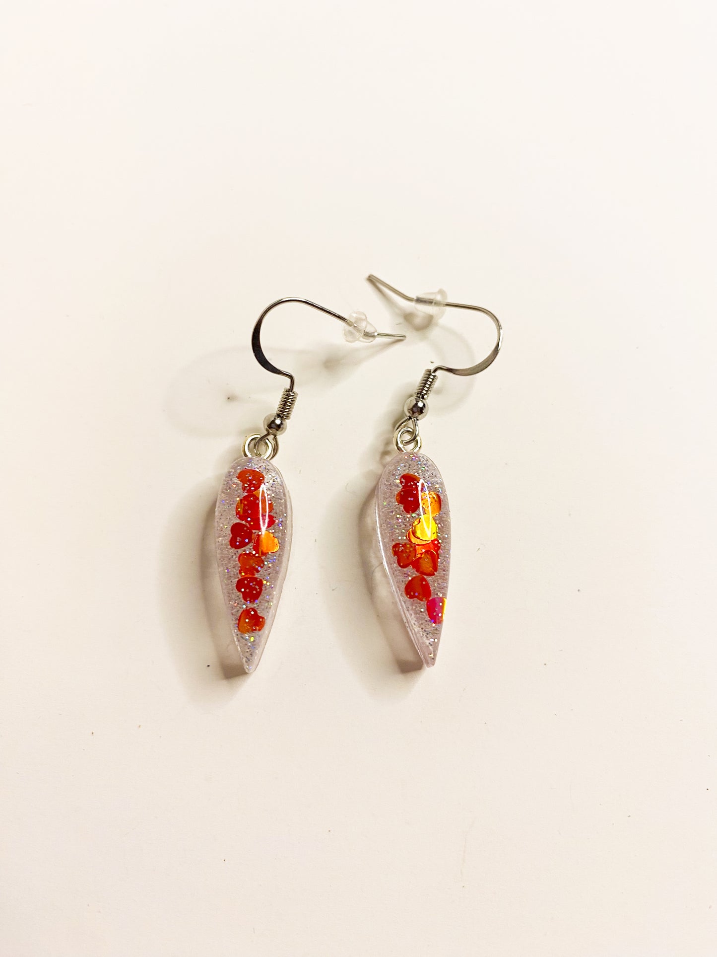 Fiery Heart Confetti Curved Spike Drop Earrings – Handmade Resin