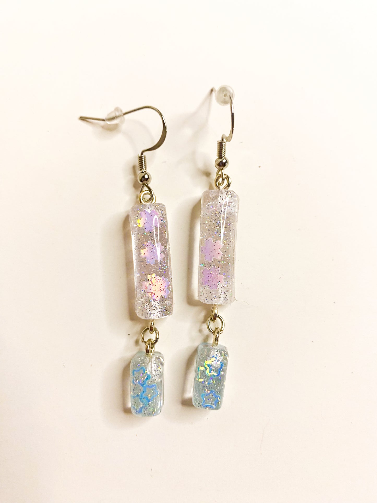 Lilac Flower & Blue Star Double Bar Drop Earrings