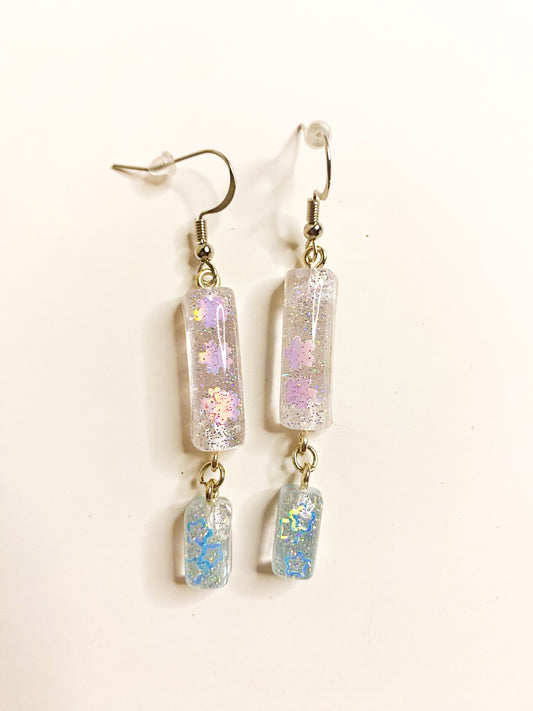 Lilac Flower & Blue Star Double Bar Drop Earrings