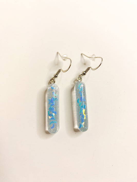 Iridescent Blue Moon Confetti Rectangle Bar Drop Earrings