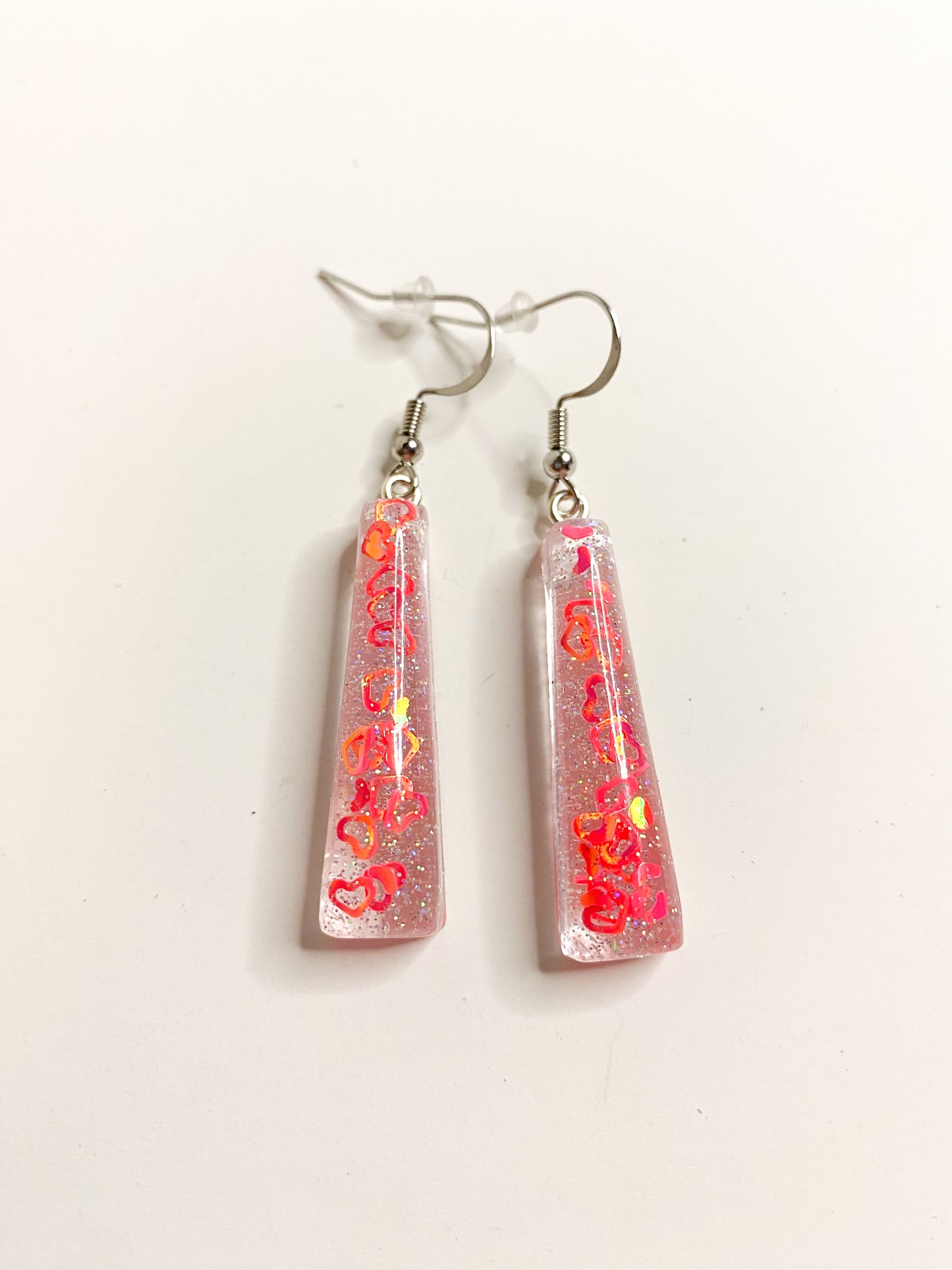 Neon Heart Glitter Rectangle Bar Drop Earrings – Handmade Resin