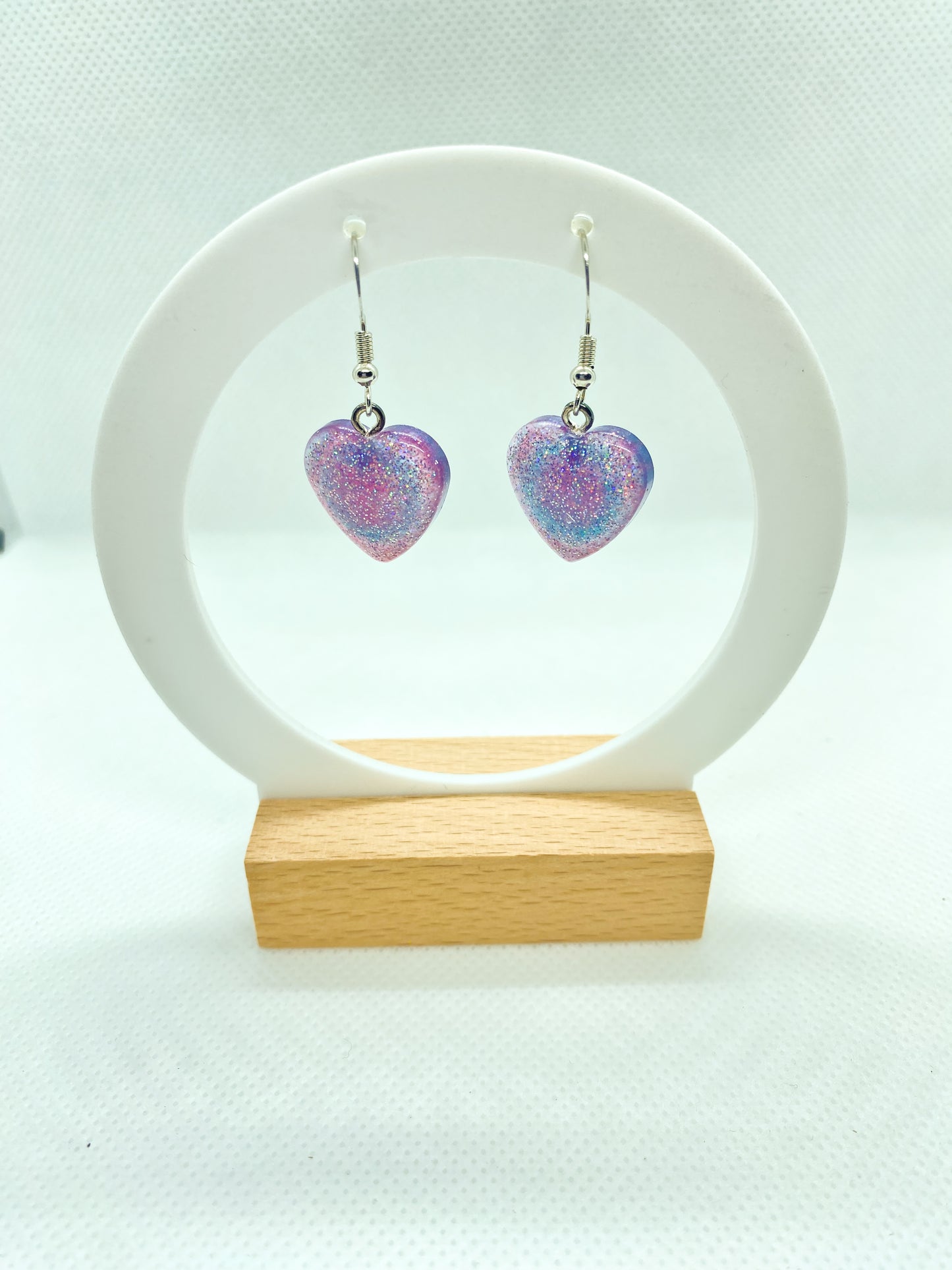 Purple Holographic Glitter Heart Drop Earrings – Handmade Resin