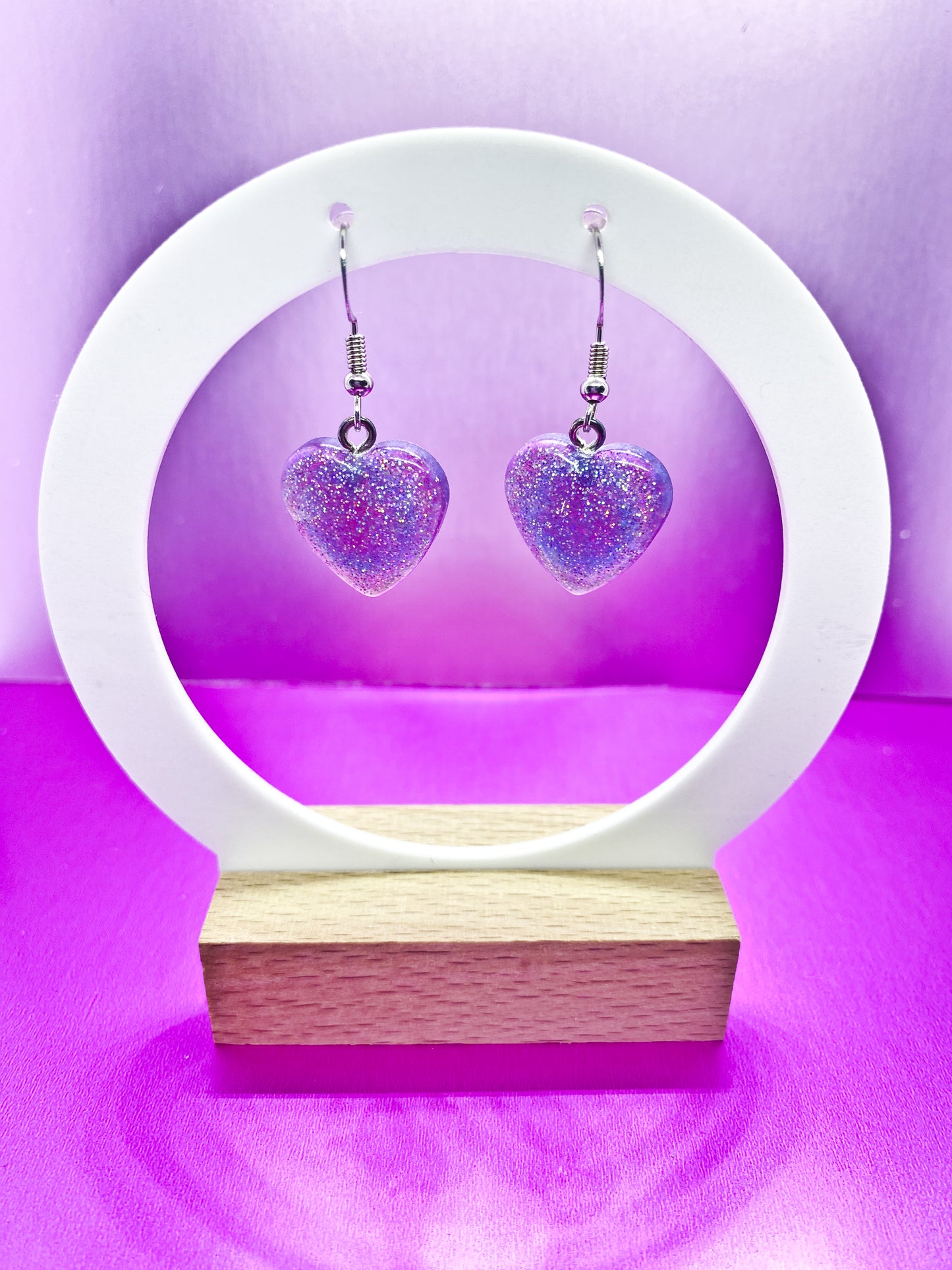 Purple Holographic Glitter Heart Drop Earrings – Handmade Resin