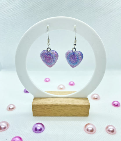 Purple Holographic Glitter Heart Drop Earrings – Handmade Resin - J & I Vision