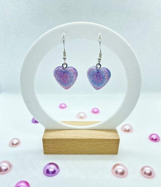Purple Holographic Glitter Heart Drop Earrings – Handmade Resin