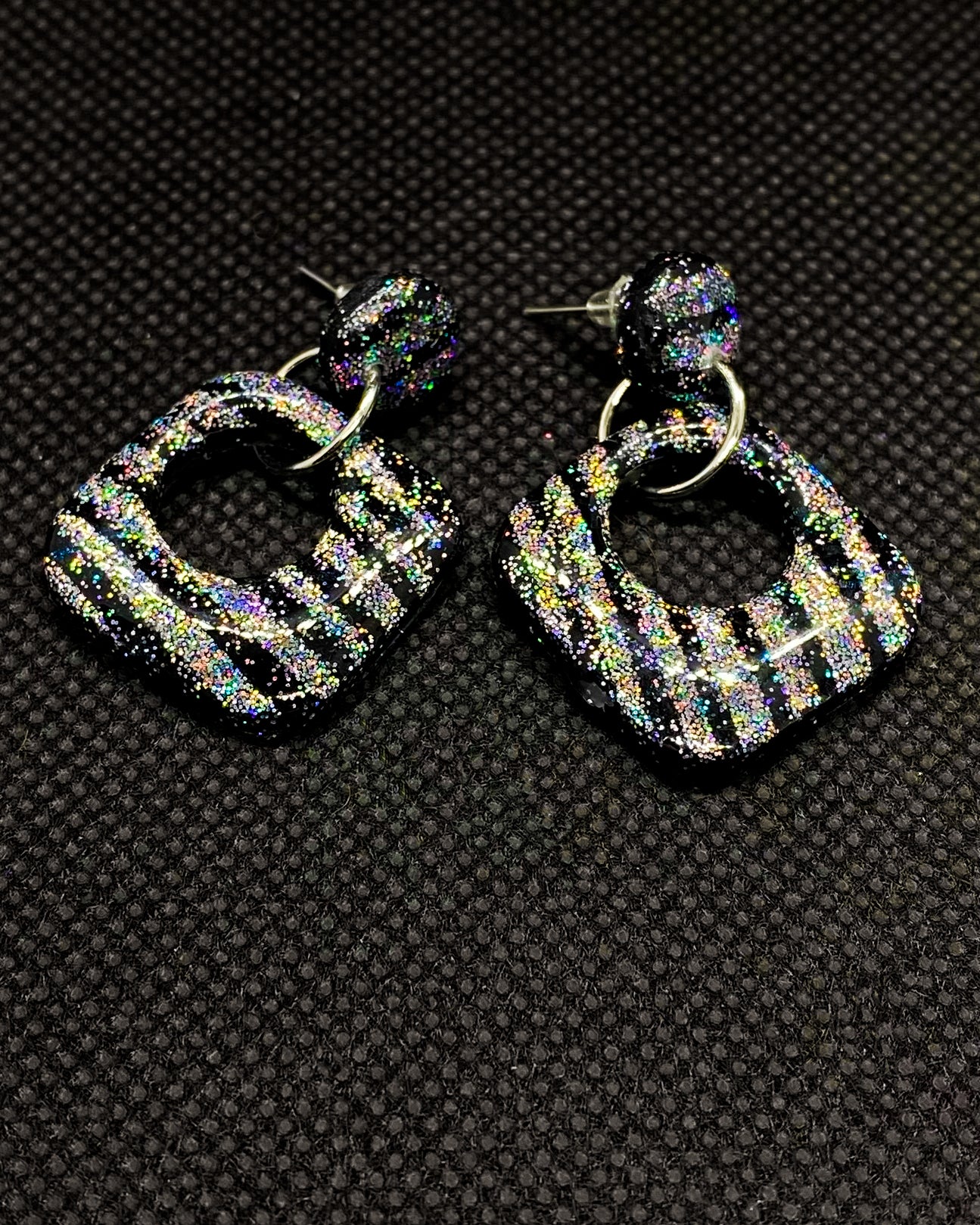 Black Holographic Glitter Striped Open Square Clay Earrings