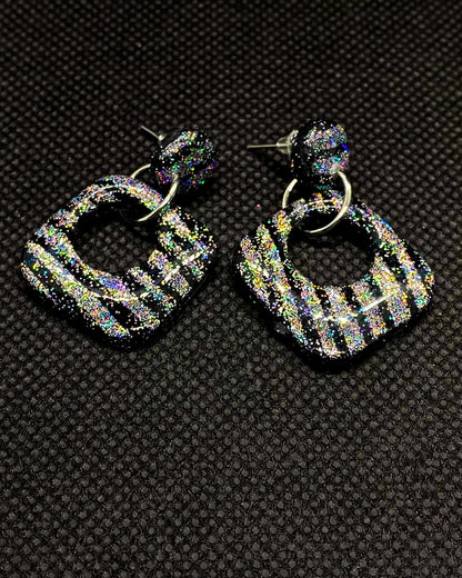 Black Holographic Glitter Striped Open Square Clay Earrings - J & I Vision