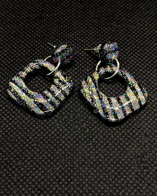 Black Holographic Glitter Striped Open Square Clay Earrings